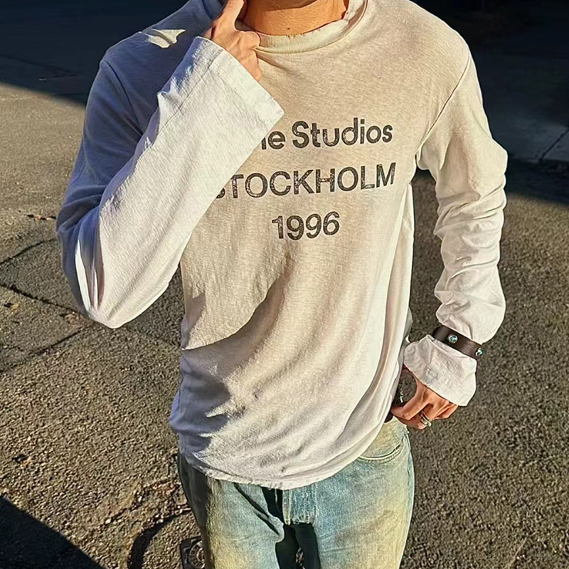 Ac Style 24Ss Tie-Dye Washed Distressed 1996 Letter Print Loose Couple Long-Sleeve Thin Base Shirt Ac Style 24Ss Tie-Dye Washed Distressed 1996 Letter Print Loose Couple Long-Sleeve Thin Base Shirt