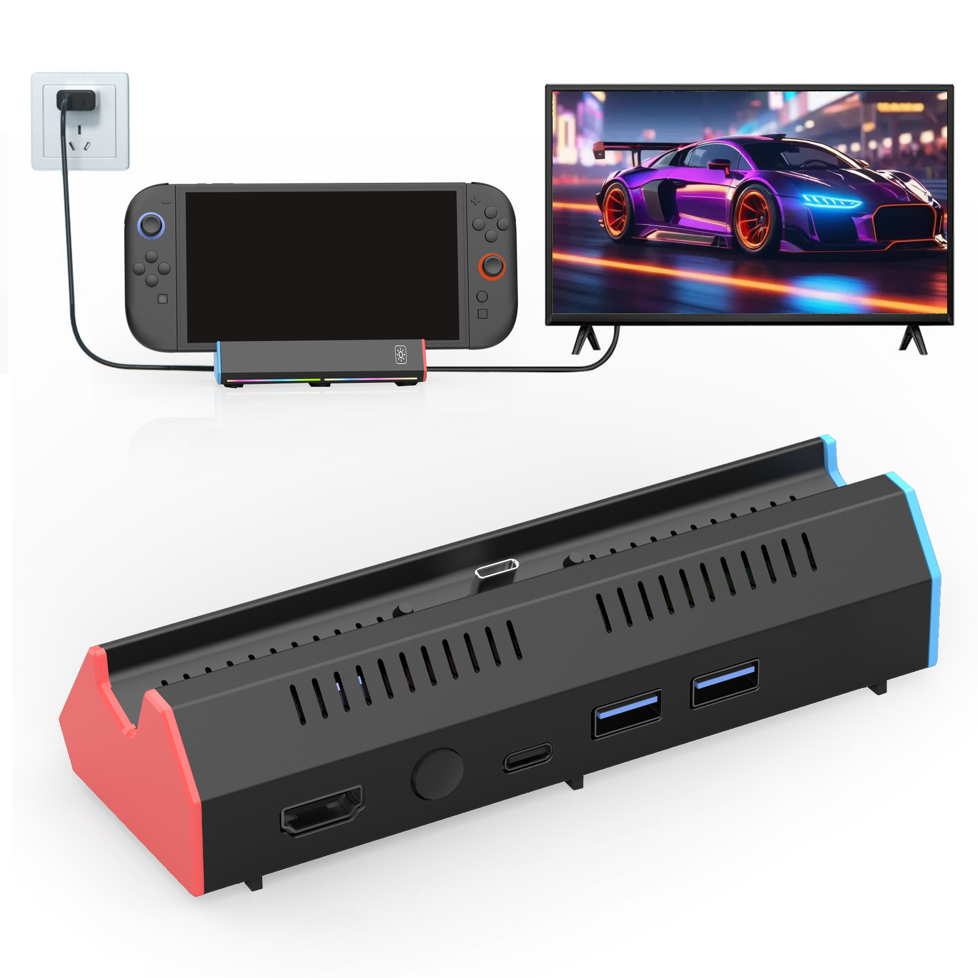 Base de Conexión Portátil con Conversión de Video HDMI para Switch 2, Compatible con Proyección de Pantalla y Luces de Colores