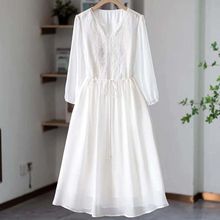 仙白色刺绣雪纺连衣裙2024春夏新款气质宽松显瘦度假长裙子