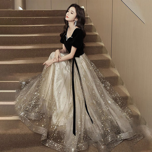 Plus size black dress evening dress for women chubby girl slimming belly covering banquet elegant fashionable western style host art exam dress