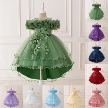 亚马逊儿童礼服花童婚纱拖尾女孩走秀网纱公主裙一字肩燕尾晚礼服