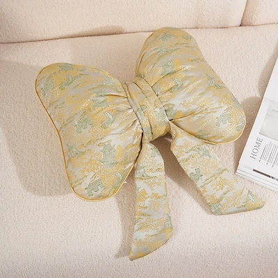 Original sofa throw pillow in Chinese style, light luxury bow design, living room cushion, suitable for model homes, dormitories, and students, new waist support cushion (Waist support) - imitation-song-brocade-bow-ribbon-waist-cushion-in-gold