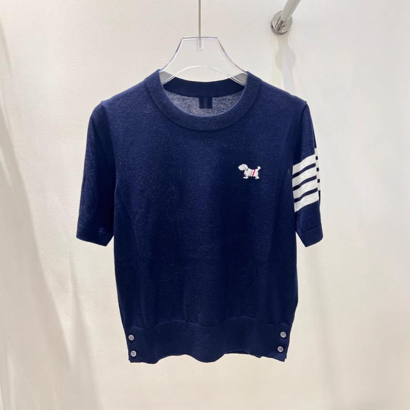 Nanyou High Quality Tencel Wool Slim Fit Cotton Loosening Printed Short Sleeve Navy Blue Thin Elegant Commuter Knitted