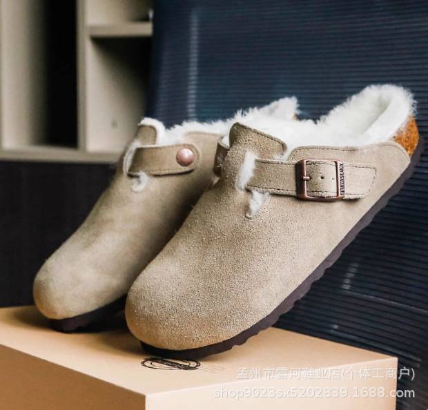 桑坡羊皮一体ビルケンシュトックシューズ レディース ハーフスリッパ 冬 2025年新作 コルク加厚ベルベットコットンシューズ ビルケンスリッパ