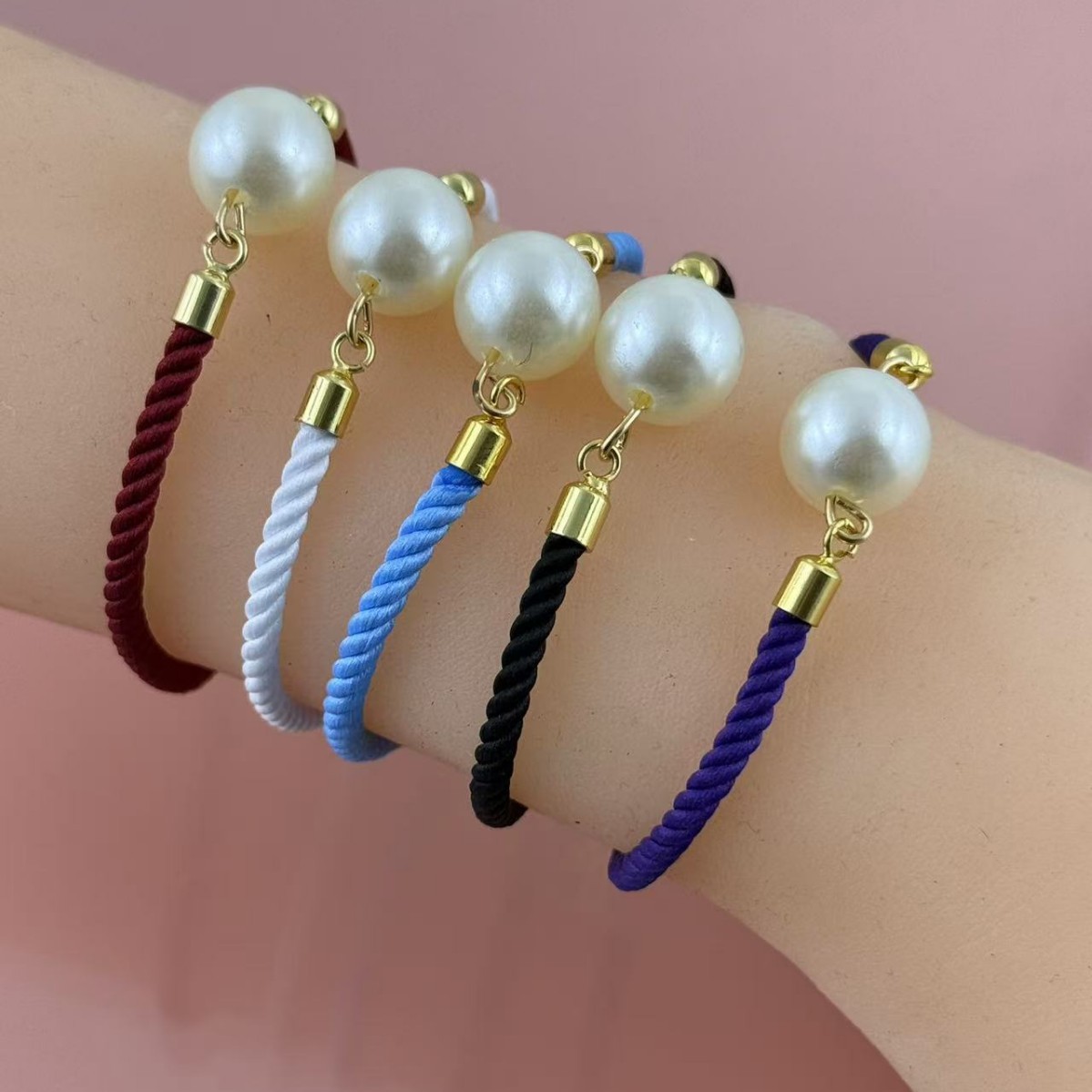 Woven adjustable red rope bracelet handmade pearl