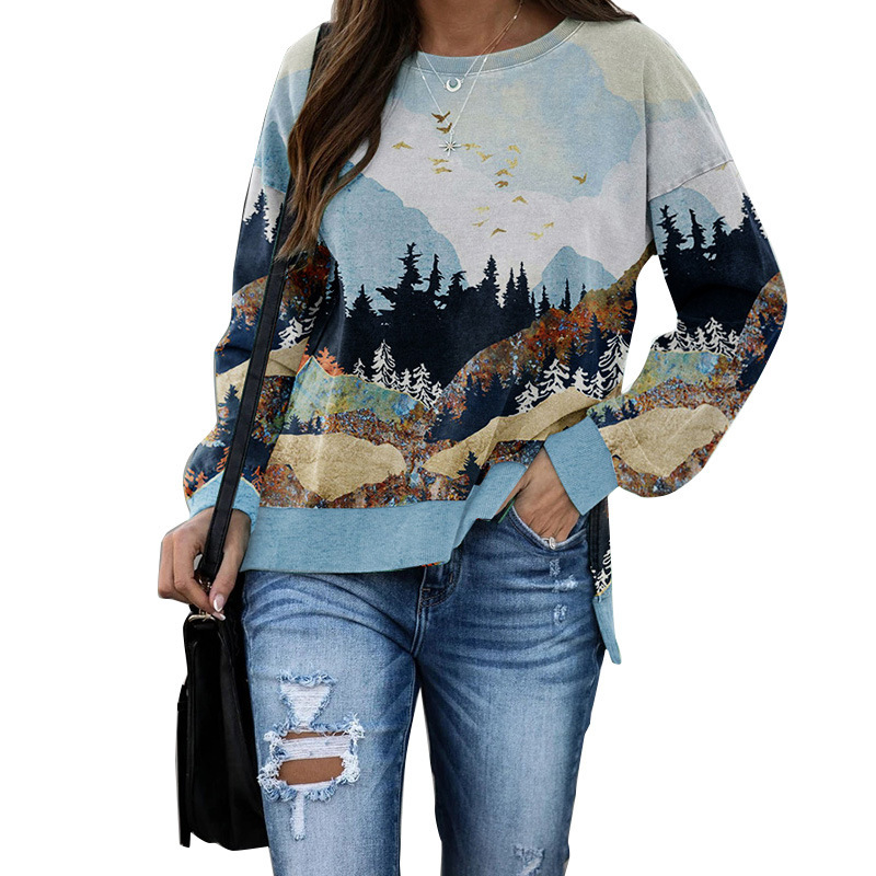 Europa y los Estados Unidos comercio exterior nuevo paisaje impresa camiseta de manga larga camiseta de invierno de otoño de Navidad camiseta de cuello redondo al por mayor