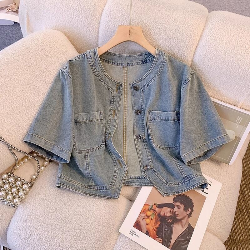 Denim Shirt, Short Jacket, Short-Sleeved Shirt, Women's Summer Thin Outerwear, Cardigan for Petite Figures, Retro Design Top Denim Shirt, Short Jacket, Short-Sleeved Shirt, Women's Summer Thin Outerwear, Cardigan for Petite Figures, Retro Design Top