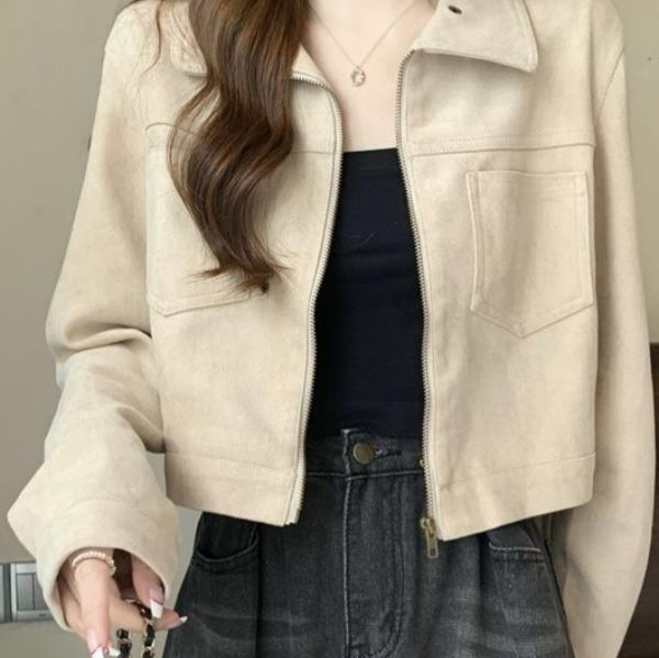 2026 Spring New Korean Style Suede Retro Short Jacket Melard Suede Casual Versatile Jacket Top 2026 Spring New Korean Style Suede Retro Short Jacket Melard Suede Casual Versatile Jacket Top