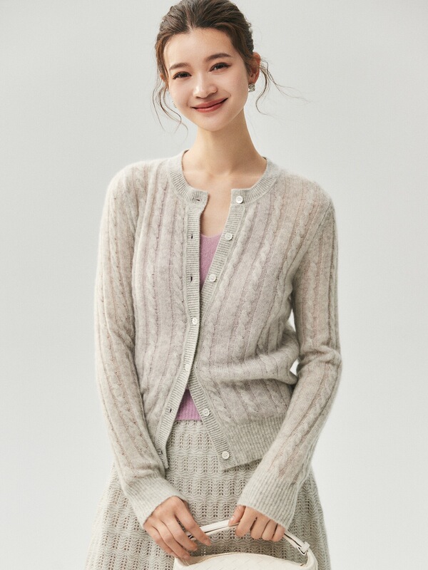 Kangbaolai yarn! Old money retro quiet luxury HE silk cashmere knitted cardigan for women, round neck cable knit sweater, thin coat