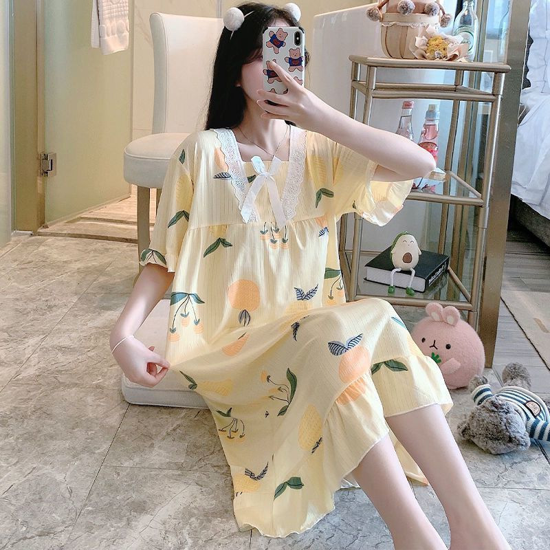 Japanese Style Cute Princess Style Nightgown for Women Summer Long Over-the-knee Student Sweet Loose Short-sleeved Dress Home Wear