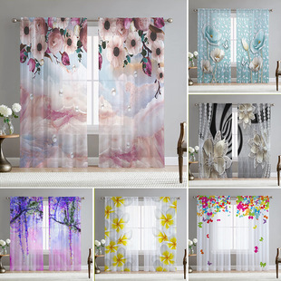 Amazon Explosions Flower Series Gauze Curtain Home Bedroom Balcony Transparent Pervious Floating Window Gauze Curtain Punch-Free