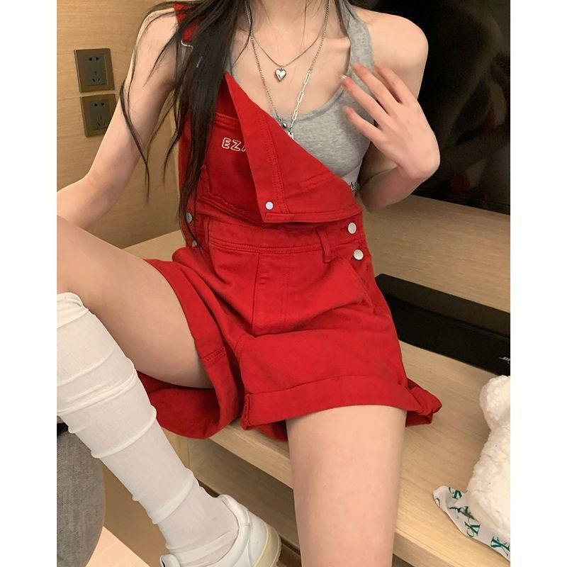 Denim short cute suspenders, summer fitted trousers, loose fit, high waist