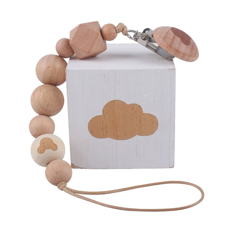 Bebé suministros de dibujos animados de haya forma chupete clip de haya animal cuentas de madera mordedor cuentas pezón cadena anti-perdido cadena