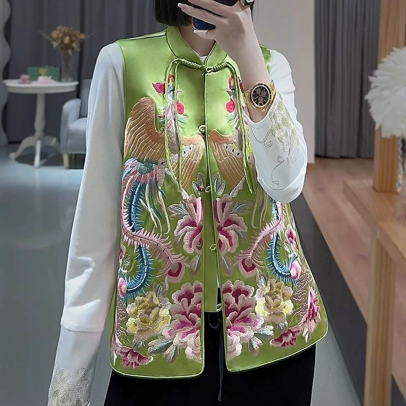 Новинка 2024 года, китайский стиль, тяжелая вышивка Феникса, жилет на все тело для женщин, весна-лето, элегантный костюм на пуговицах, жилет для женщин