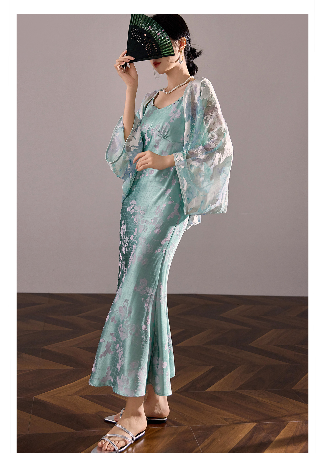 Đầm ôm body nữ chất liệu acetate hoa văn jacquard, dáng dây mảnh, phong cách tân cổ điển — màu vàng chi tiết 8