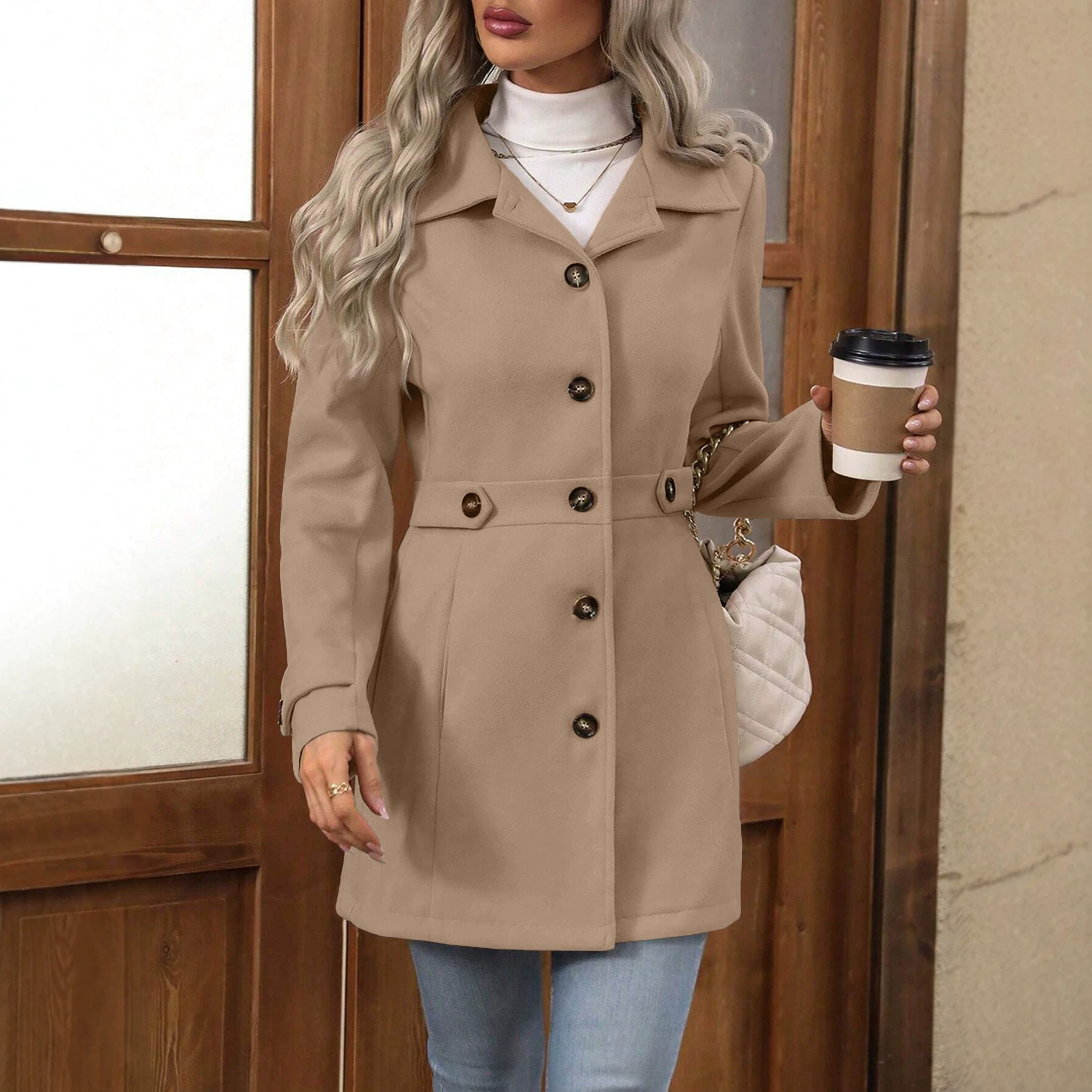 Cross-Border 2026 Autumn and Winter New Mid-Length Elegant Woolen Coat with Lapel and Buttons, Slim Fit Woolen Jacket