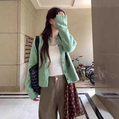 2025新款早秋季绿色软糯针织衫上衣女韩系宽松慵懒风毛衣开衫外套
