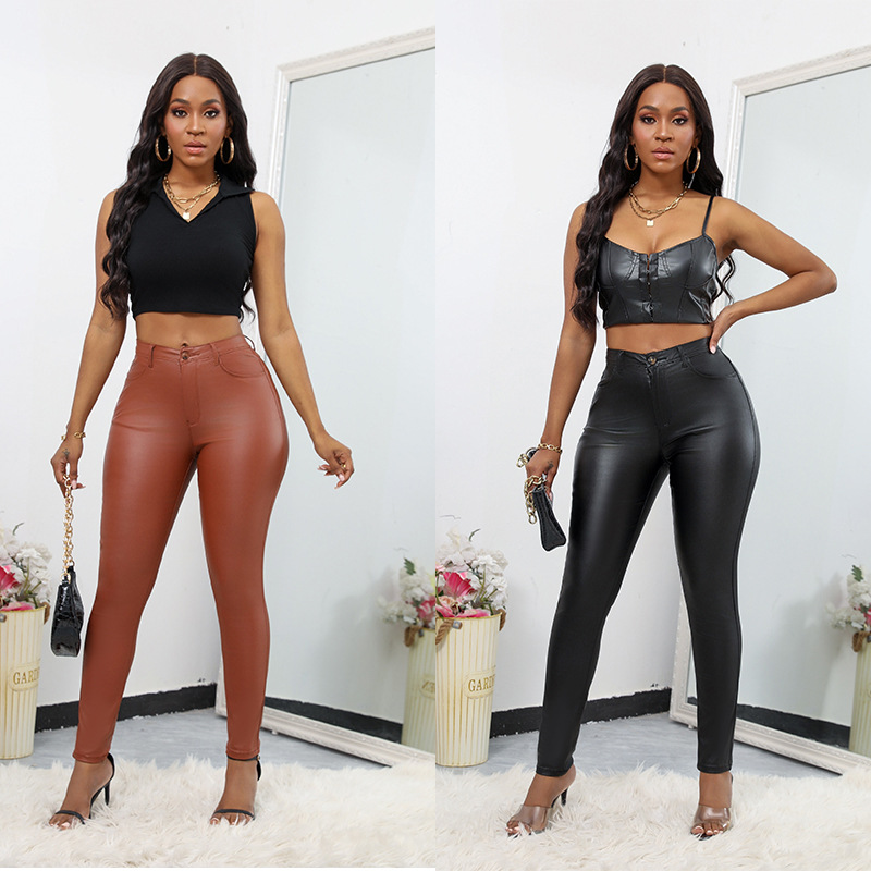 En stock transfronterizo europeo y americano Amazon deseo cintura alta color sólido apretado pantalones flacos Comercio exterior PU pantalones de cuero pantalones ropa de mujer