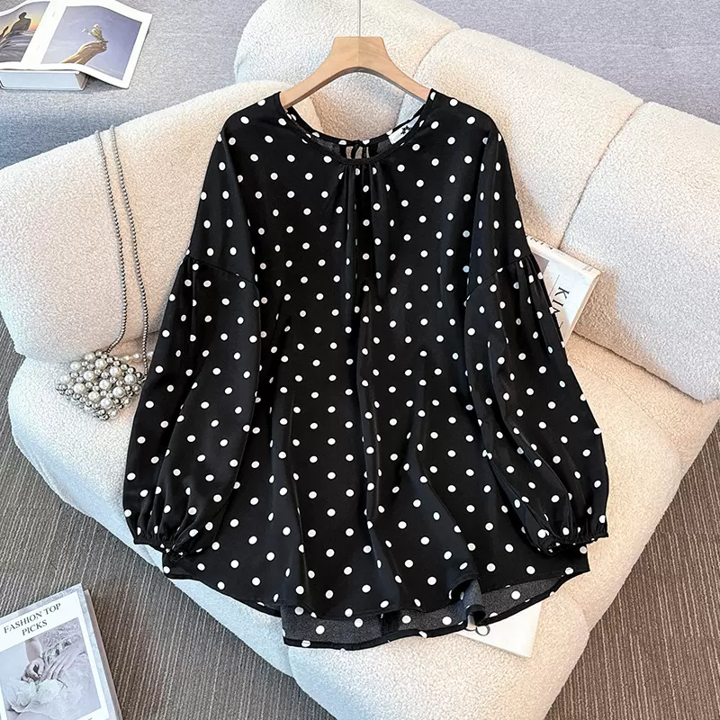 130-350斤大码女装胖mm春秋新款韩系慵懒风波点系带圆领长袖衬衫