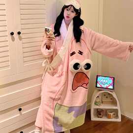 卡通派大星睡袍女秋冬季珊瑚绒睡衣长款可爱搞怪家居服法兰绒新款