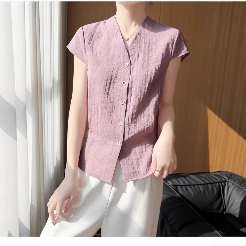 French-Style V-Neck Short-Sleeve Shirt for Women, Slightly Sheer, Skin-Friendly, Breathable, Drapey Gauze Cardigan, 2026 Summer New Elegant Top
