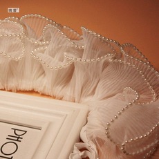 宽8cm 弹力双层蕾丝花边压褶珍珠衣服辅料网纱木耳褶皱DIY裙摆边