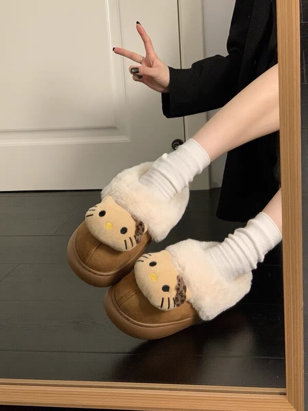 Cute Plush Thick-Soled Cotton Slippers for Women, 2025 New Model, Winter Outdoor Wear, Comfortable and Warm, Plush Closed-Back Snow Boots