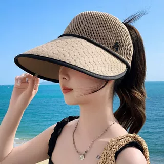 透气防晒帽子女夏季大檐骑车防紫外线空顶太阳帽可扎马尾遮阳帽