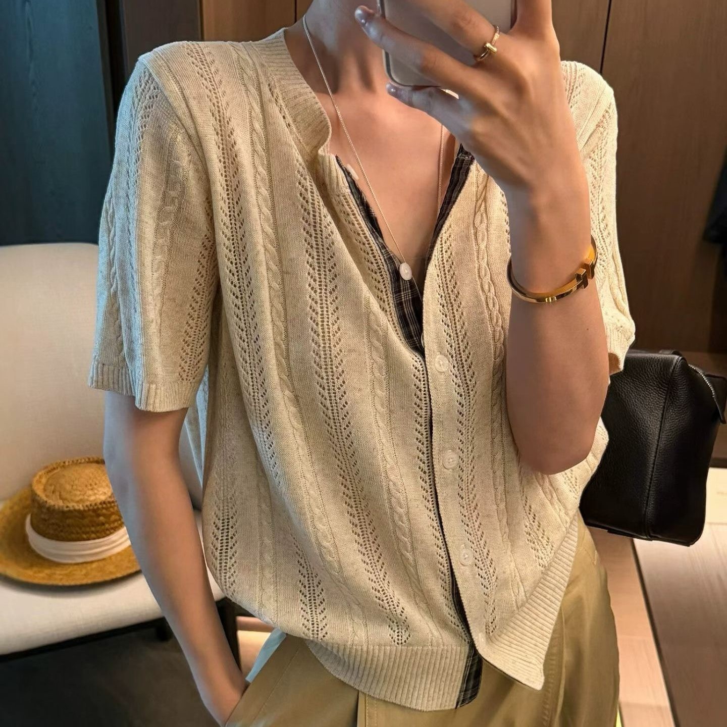 Old money linen!Nouveau riche old money style!Japanese linen edged short-sleeved knitted cardigan women's t-shirt thin top