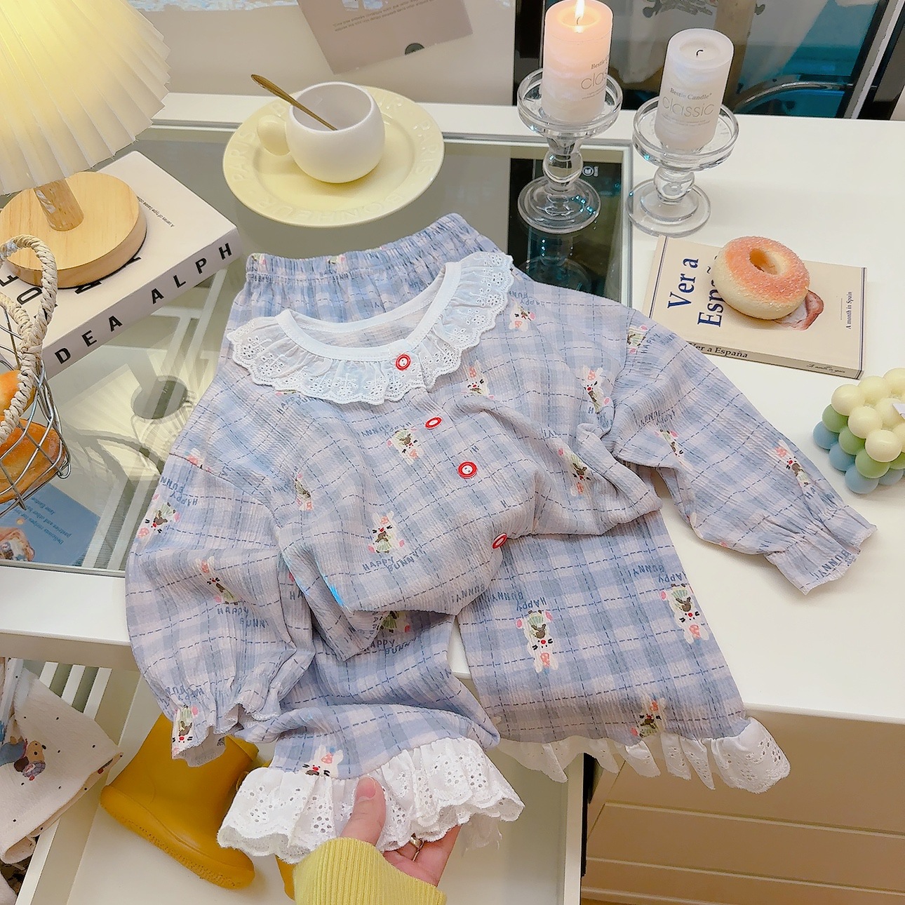 Su bebé, traje de hilo de algodón elástico para niños, cárdigan de primavera y verano, ropa de hogar para niños y niñas, ropa de aire acondicionado linda coreana