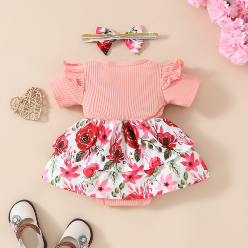 2024 Baby Short Sleeve Letter Triangle Skirt Amazon Girls' Puddle Stripe Double Layer Dress Diaper Cover Headband Summer