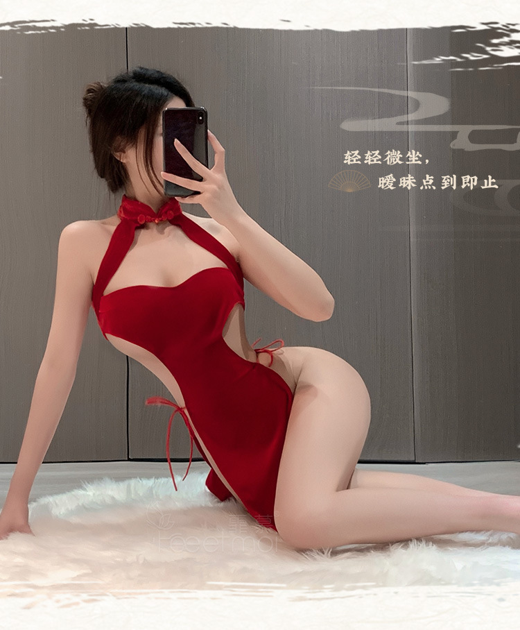 하이슬릿 스플릿 스트랩 벨벳 치파오 6701