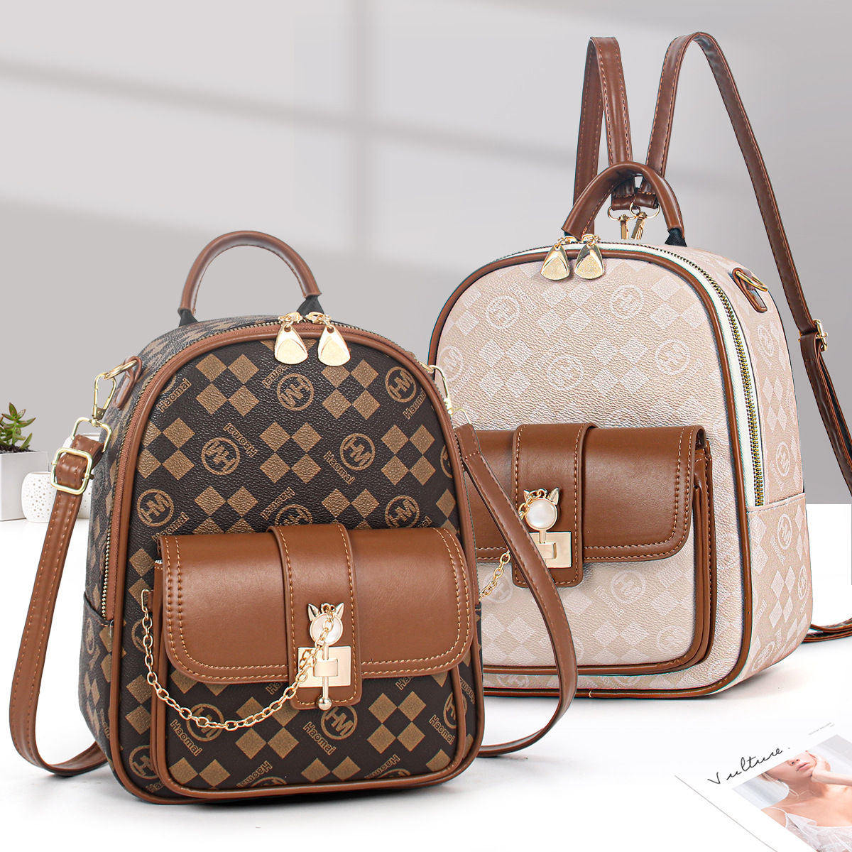 Rucksack Damentasche Feste Form Rucksack im koreanischen Stil Bedruckter Damen-Reiserucksack Große Kapazität Schultasche_voghion.com