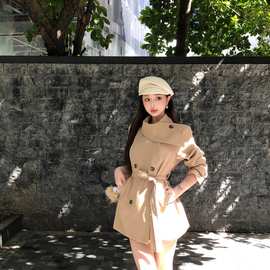 适美英伦风双排扣围脖领风衣外套女秋季气质百搭宽松显瘦大衣