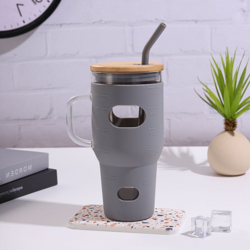 Taza de vidrio de 30oz, cubierta de silicona a prueba de caídas, taza de paja de gran capacidad con mango, taza de menú de hielo