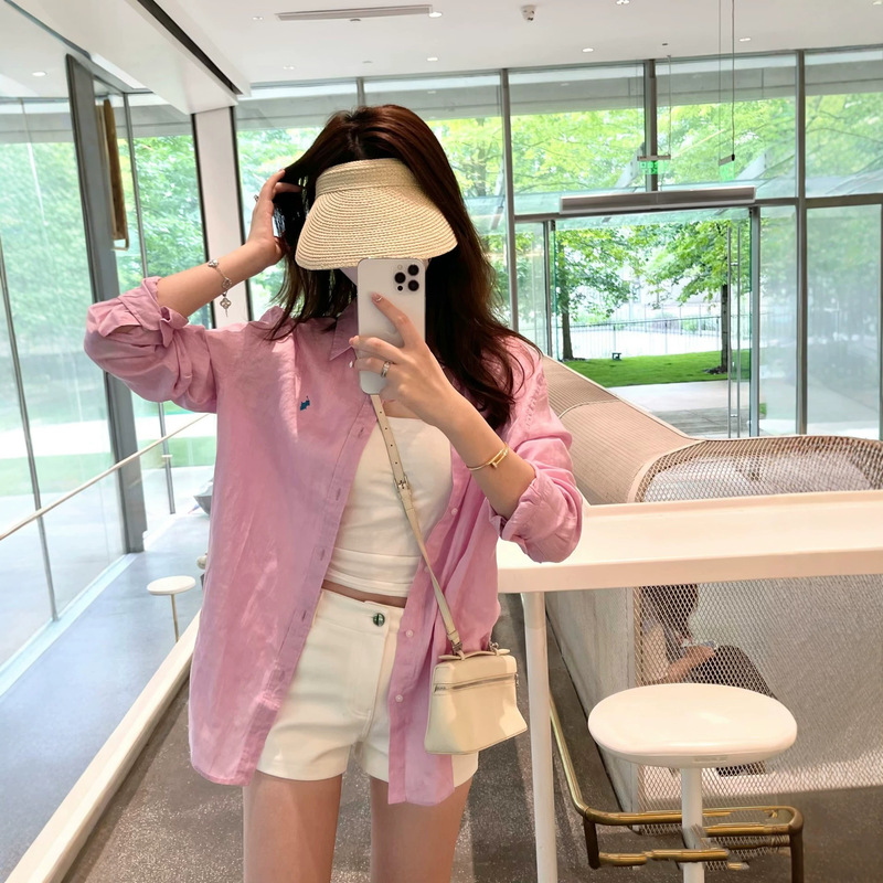 High-quality RL Ralph linen shirt with pony logo, comfortable and breathable cardigan, skin-friendly, versatile, collared casual top for women