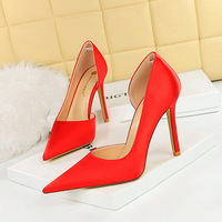 3165-8 European and American Fashion Simple Super High Heels, Fine Heels, Satin, Shallow Mouth, Pointed Tip, Side Hollow High Heels, Women's Shoes, Single Shoes