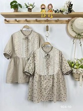 82410夏季女装新款森系系带领蕾丝花边拼接棉麻宽松短袖衬衫女衬