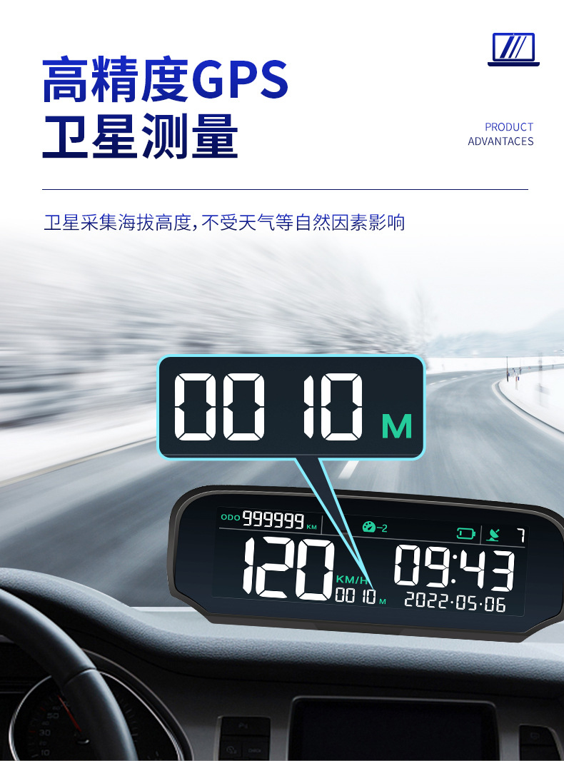 Car Hud Head-Up Display Gps Speedometer Beidou Universal Code Meter Altitude Total Mileage Clock Solar Wireless