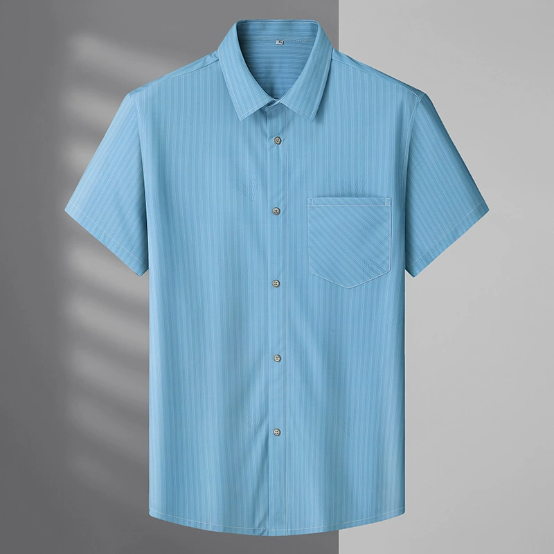 Большой размер свободная рубашка с короткими рукавами летняя мужская толстая деловая повседневная толстая толстая рубашка в полоску