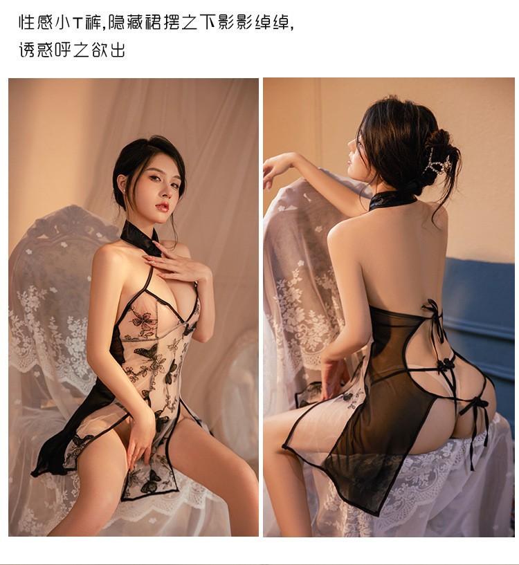 Women’s Cheongsam Lingerie Set with Embroidered Neck and Sheer Panels, Black, One Size — detail image 13
