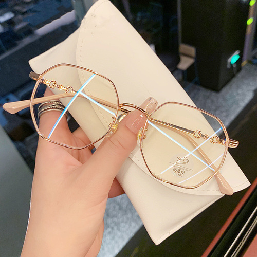 Anti-blue light women's plain glasses, eye protection gold wire eyeglass frames, face-slimming polygonal glasses for internet celebrities
