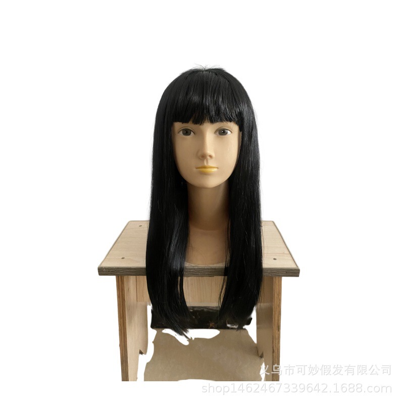 亚马逊欧美假发女时尚长直发黑棕色整顶假发齐刘海化纤纤维全头套|undefined