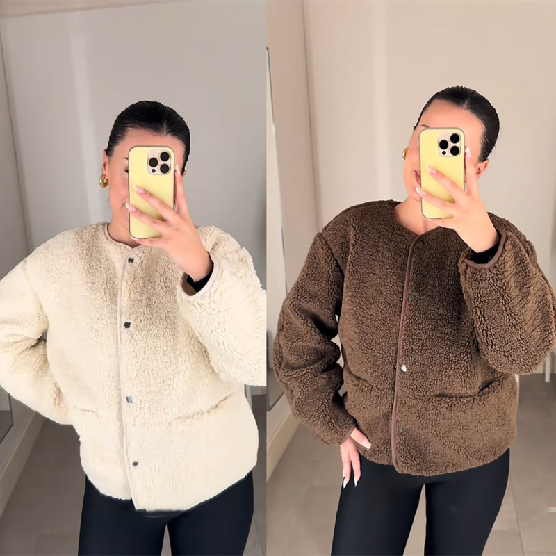 Cross-Border European and American Style Women's New Loose Casual Pocket Chanel-Style Warm Teddy Velvet Single-Breasted Jacket Coat