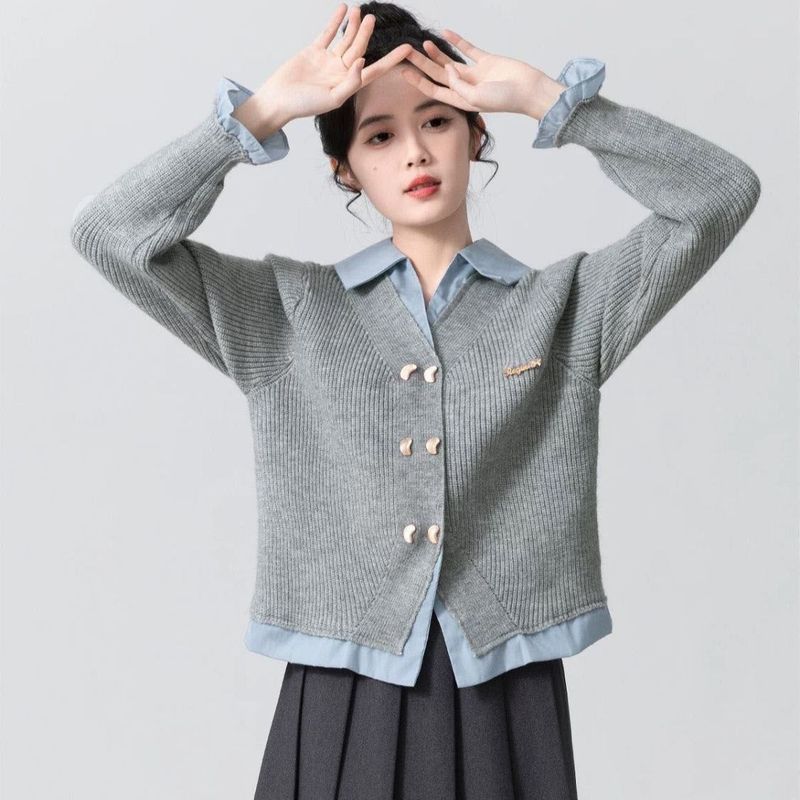 2025新款假两件毛衣外套女春秋新款POLO领衬衫拼接针织开衫短上衣|undefined
