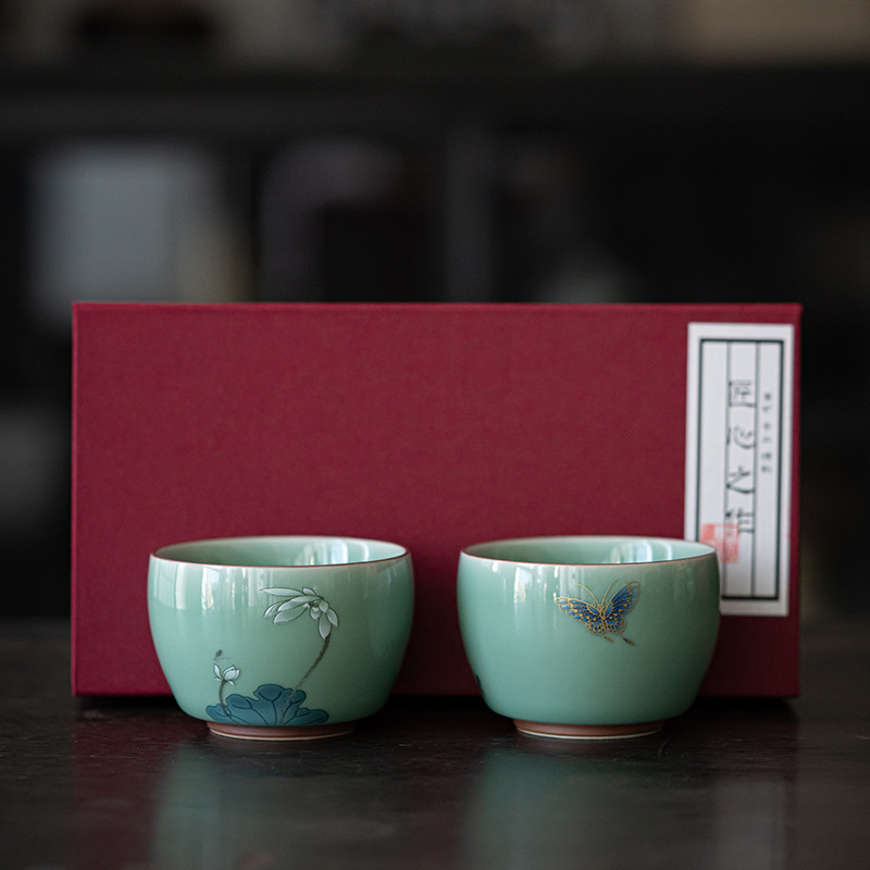 Butterfly Playing with Lotus: Meditation Cup Pair Gift Box