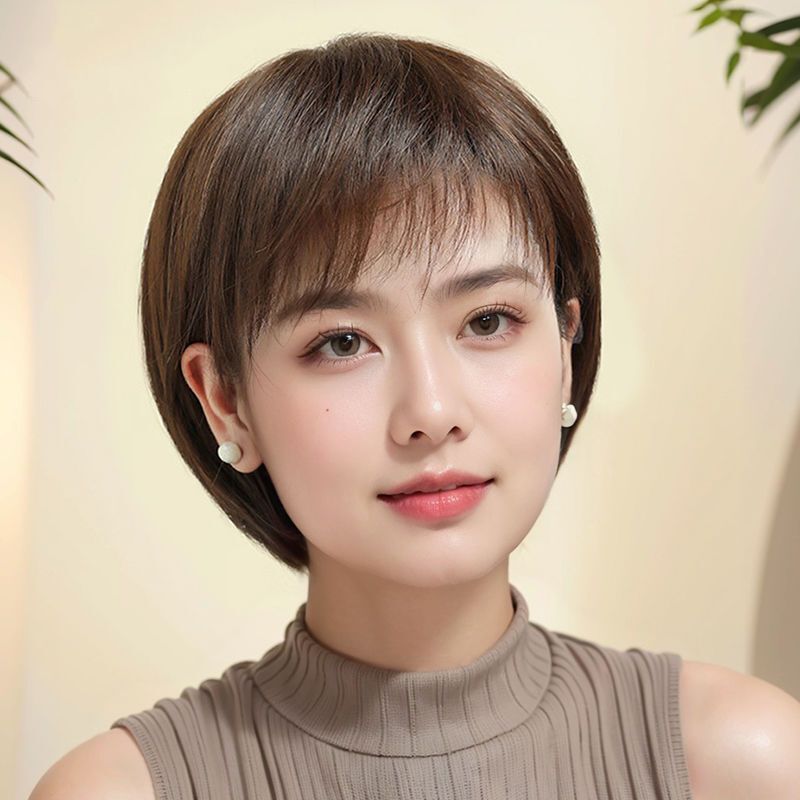 Wig Female Full Head Cover Real Hair Seamless Invisible Breathable Short Hair Mother Full Real Head Wave Hair Cover for Women