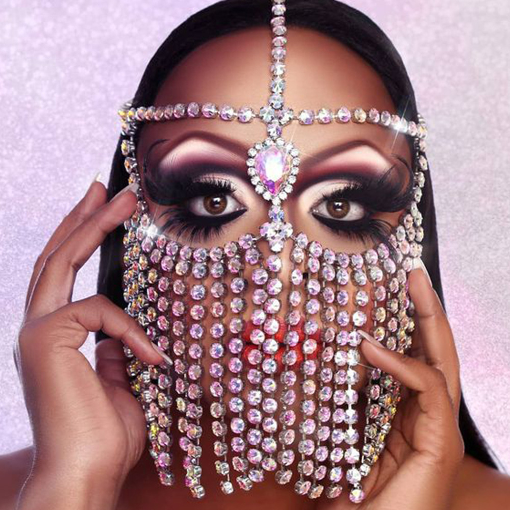 Máscara de borla larga rhinestone transfronteriza Bola de Halloween gota de agua máscara de diamante de color accesorios máscara femenina