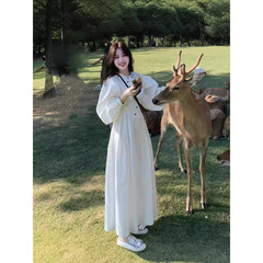 法式茶歇白色收腰长袖连衣裙女秋季 高级感气质显瘦长裙子扎染