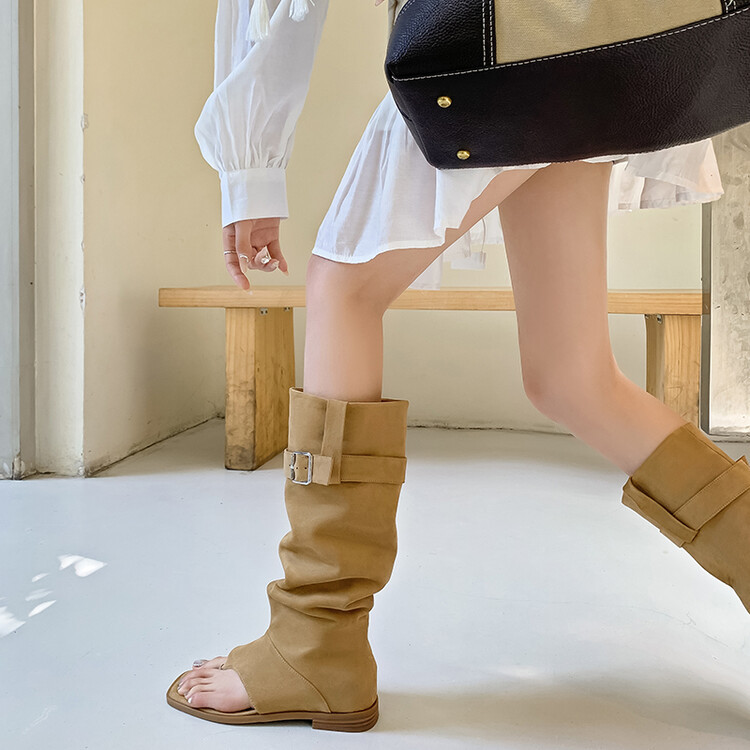 Boot nữ cổ cao ôm bắp chân da thật phong cách miền Tây — mơ, nâu chi tiết 19